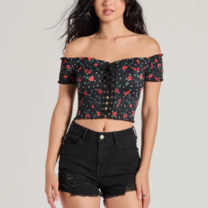 Fashionable Off Shoulder Lace-Up Polka Dot Crop Top